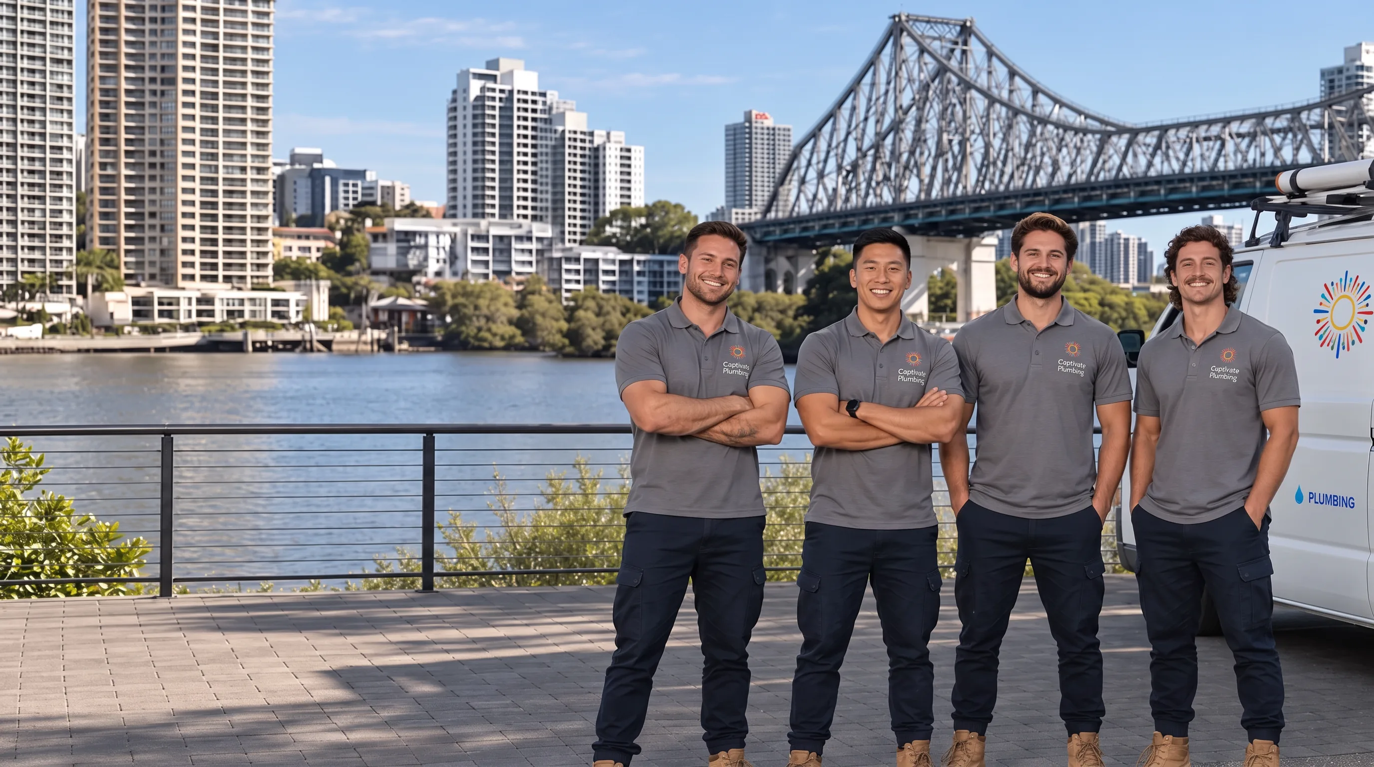 The Captivate Plumbing team with their van by the Brisbane River and Story Bridge