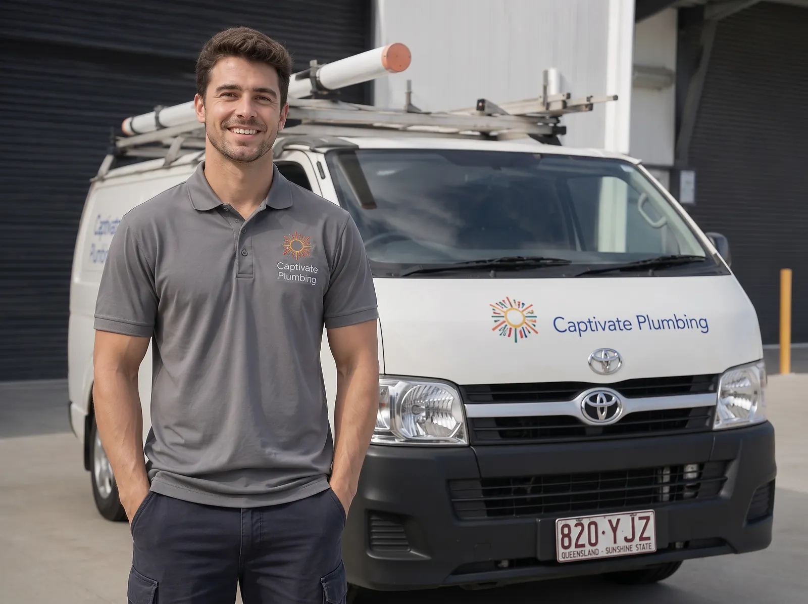 Captivate Plumbing technician in front of the company van